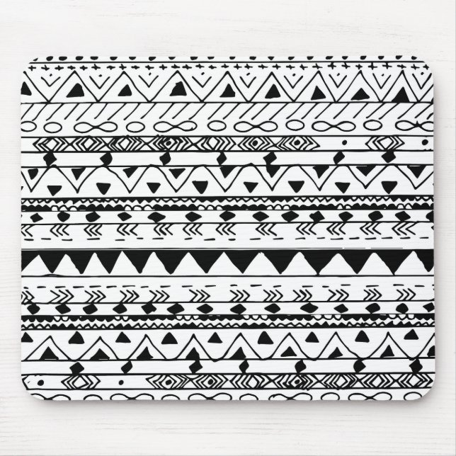 Tapis De Souris Motif aztèque d'aquarelle blanche noire peinte à (Devant)