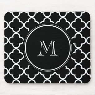 Tapis De Souris Motif blanc noir de Quatrefoil, votre monogramme