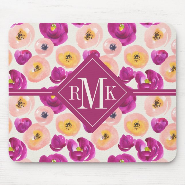 Tapis De Souris Motif botanique d'aquarelle du monogramme | (Devant)