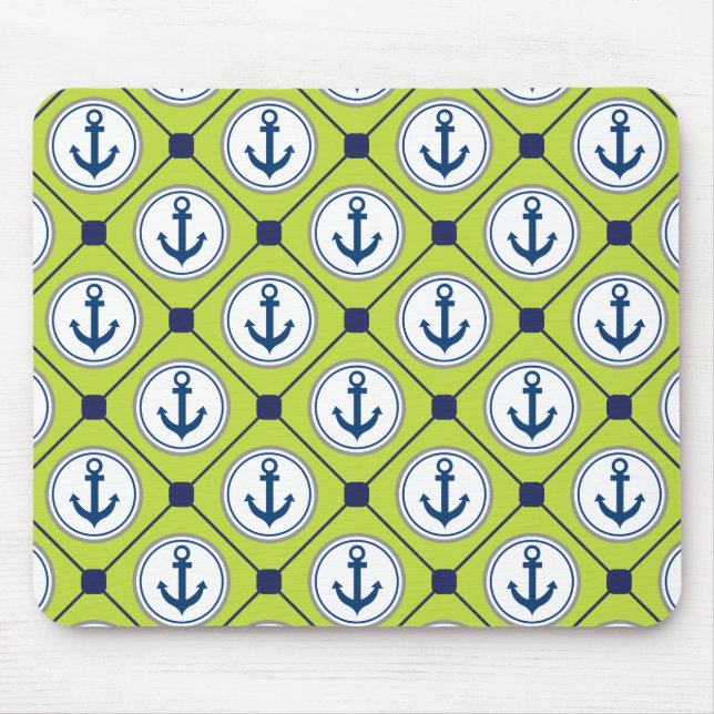 Tapis De Souris Motif d'Ancres nautiques Lime Green (Devant)