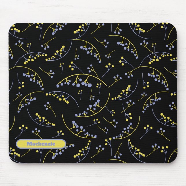Tapis De Souris Motif de baies de lilas jaune monogramme élégant (Devant)