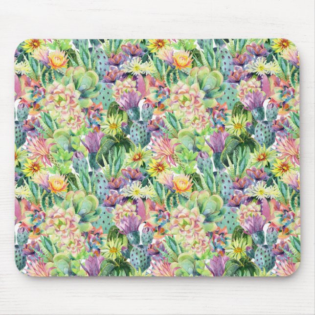 Tapis De Souris Motif de cactus d'aquarelle en fleurs exotiques (Devant)