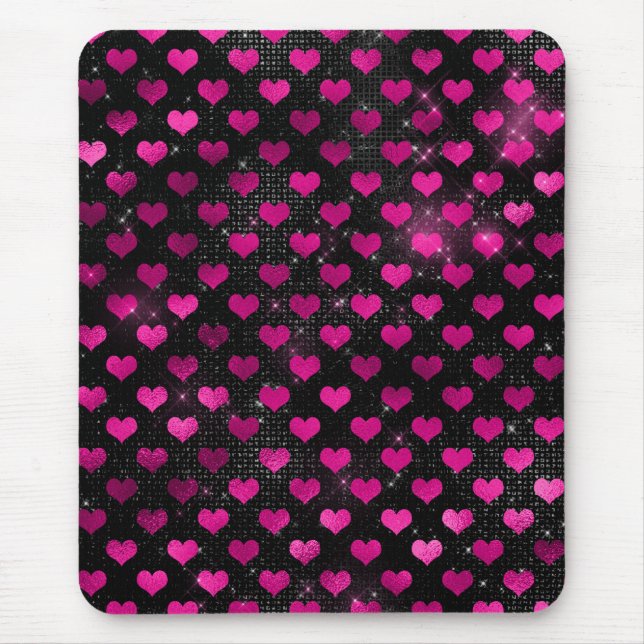 Tapis De Souris Motif de cœurs glamour rose vif et noir (Devant)