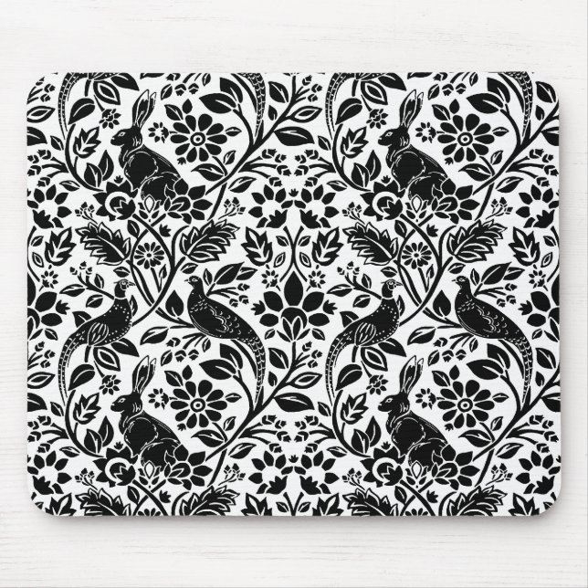 Tapis De Souris Motif de faisan et lièvre, blanc et noir (Devant)
