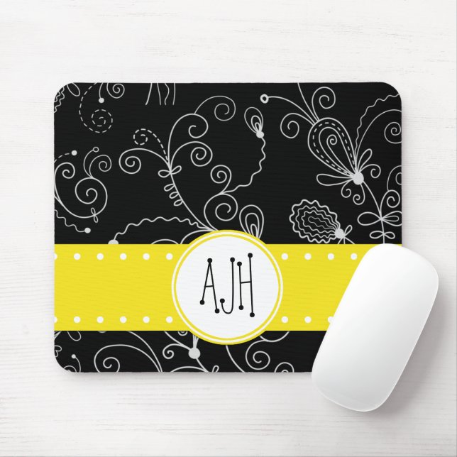 Tapis De Souris Motif De Fils, Noir et Blanc, Monogramme (Avec souris)