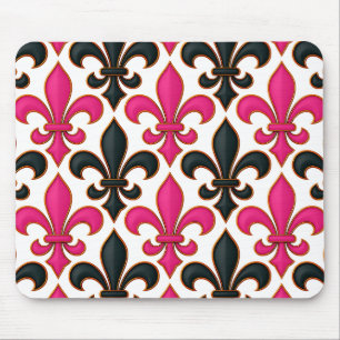 Tapis De Souris Motif de fleur de lis baroque noir rose Design