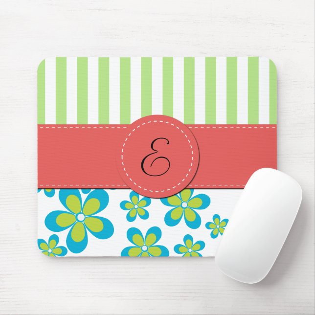 Tapis De Souris Motif De Fleurs, Grandes Vertes, Monogramme (Avec souris)