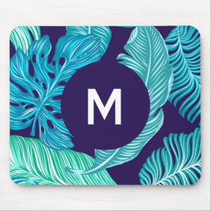Tapis De Souris Motif de monogramme de feuilles vert bleu tropical