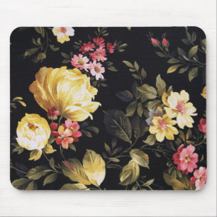 Tapis De Souris motif de pivoine jaune sur noir