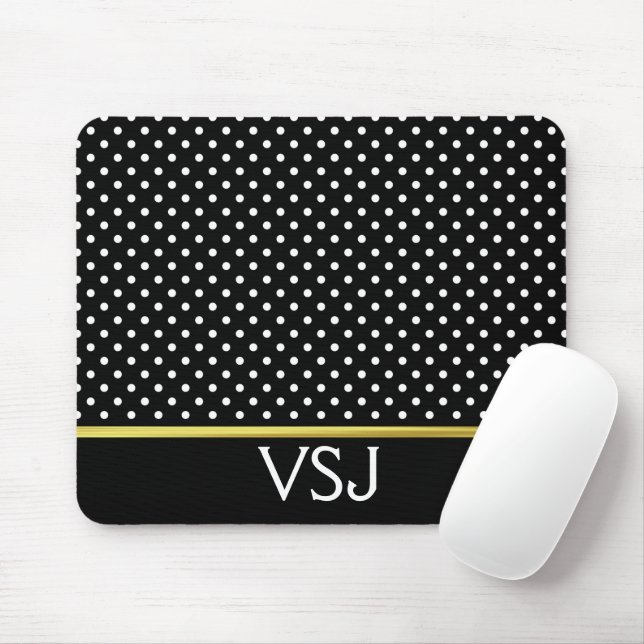 Tapis De Souris Motif de point Polka noir et blanc monogramme (Avec souris)