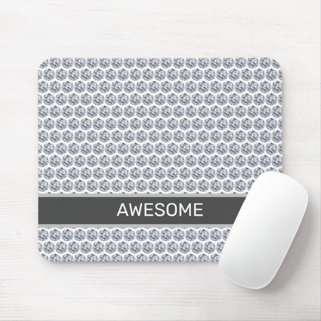 Tapis De Souris Motif diamant/mosaïque fractale en argent et blanc (Avec souris)