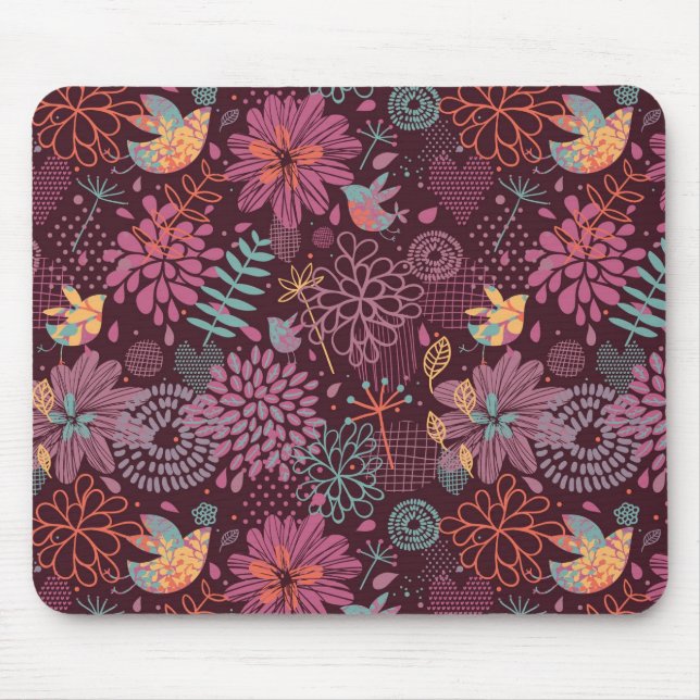 Tapis De Souris Motif floral abstrait avec des oiseaux (Devant)