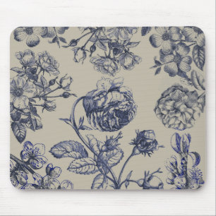 Tapis De Souris Motif Floral Botanique Toile Bleue Vintage Antique