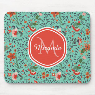Tapis De Souris Motif floral en Monogramme Turquoise et orange et 