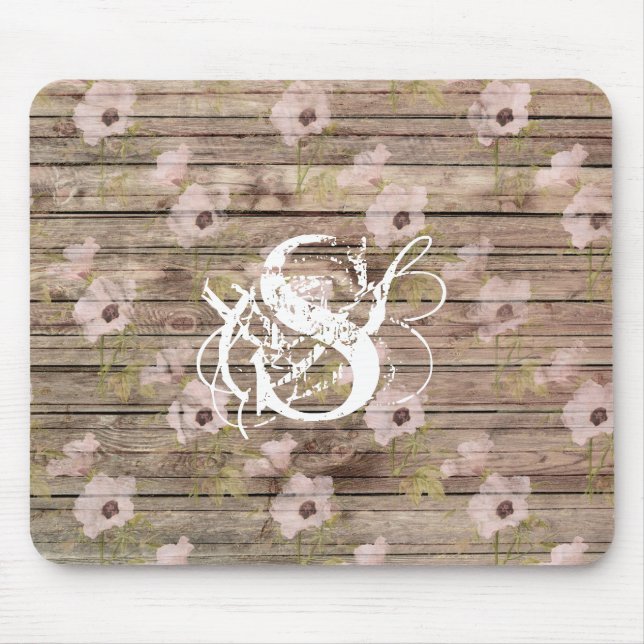 Tapis De Souris Motif floral rose Shabby Chic en bois monogramme (Devant)