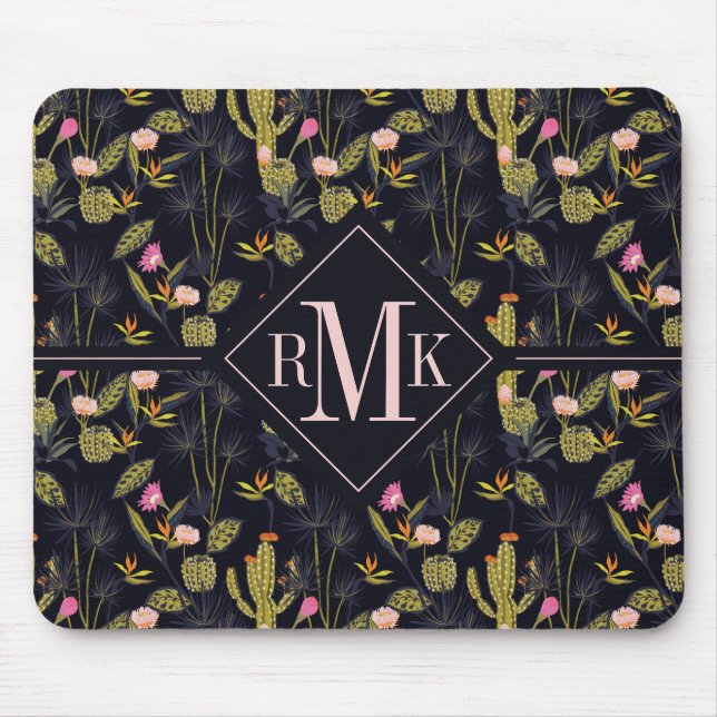 Tapis De Souris Motif foncé de cactus de nuit d'été du monogramme (Devant)