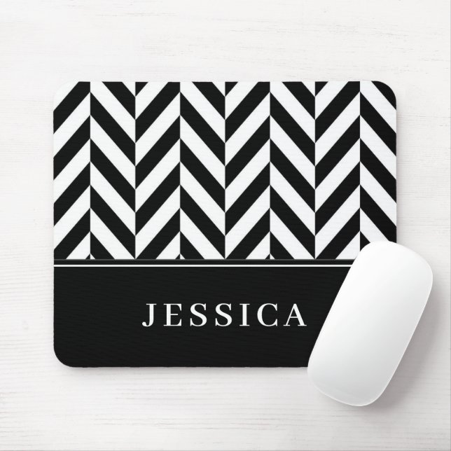 Tapis De Souris Motif Herringbone Noir et blanc Nom personnalisé (Avec souris)