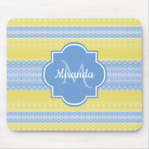 Tapis De Souris Motif Knit jaune et bleu clair avec Monogramme