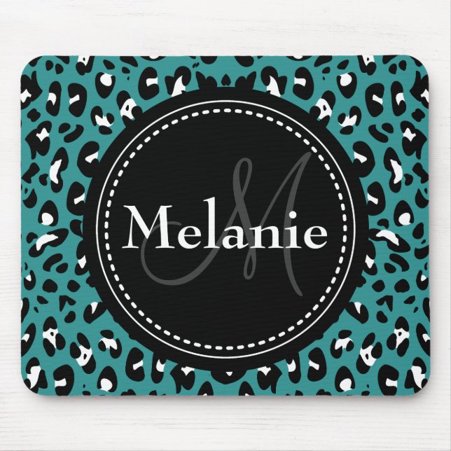 Tapis De Souris Motif Léopard noir Turquoise monogramme (Devant)