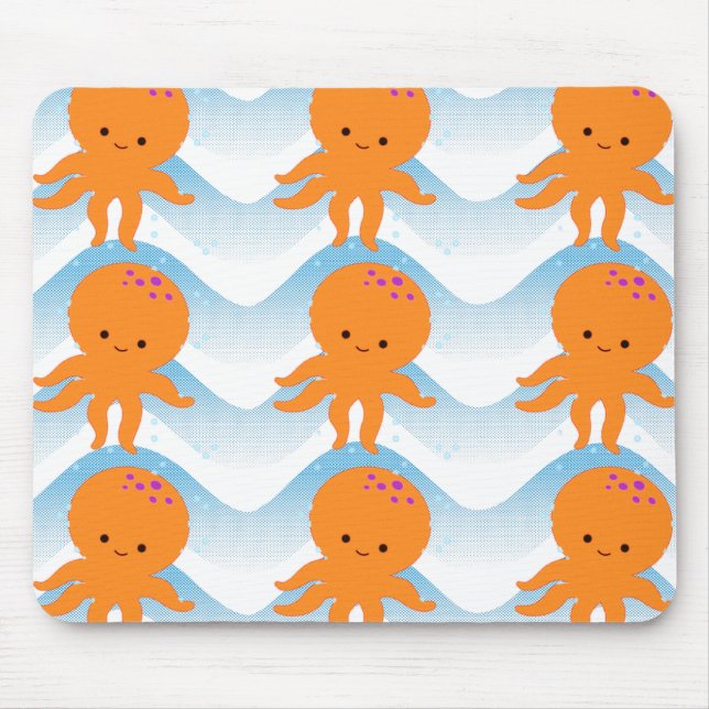 Tapis De Souris Motif Octopus Orange Et Vagues Bleues (Devant)