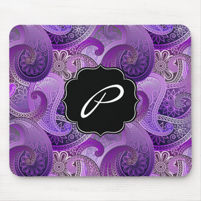 Tapis De Souris Motif Paisley violet avec monogramme personnalisé (Devant)