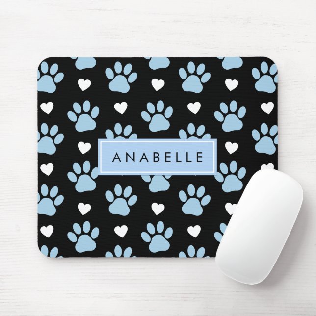 Tapis De Souris Motif Paw, Bleu Pâtes, Coeurs Blancs, Votre Nom (Avec souris)