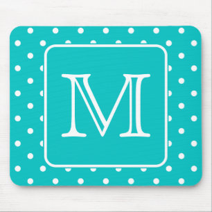 Tapis De Souris Motif Polka turquoise et blanc. Monogramme personn