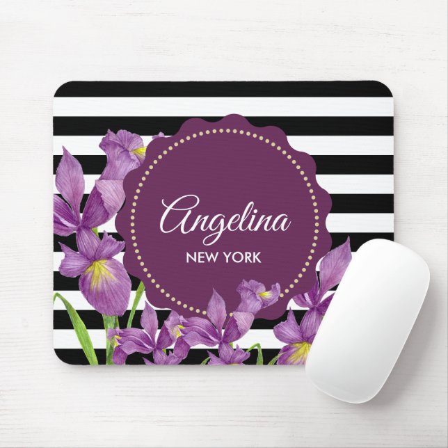 Tapis De Souris Motif rayures noir et blanc Iris violet aquarelle (Avec souris)