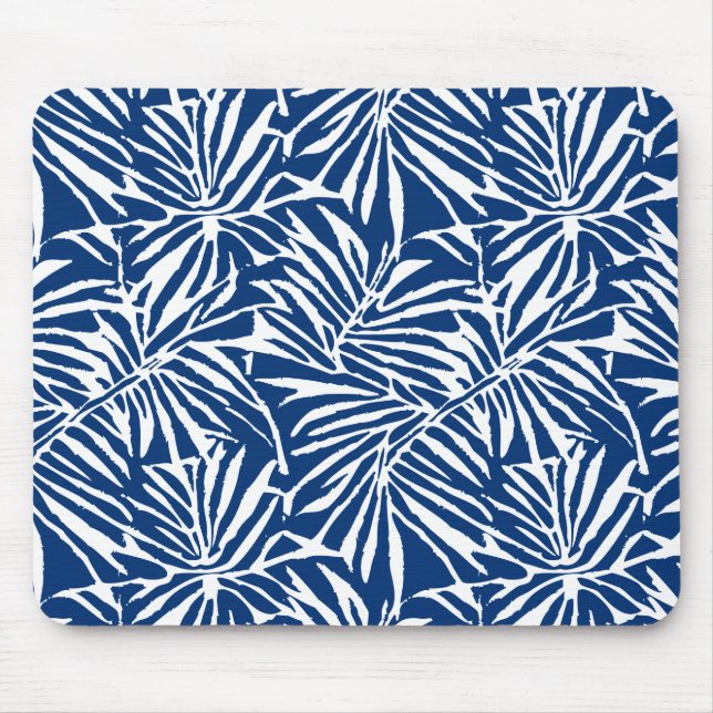 Tapis De Souris Motif Répétant de feuille tropicale blanche et ble (Devant)