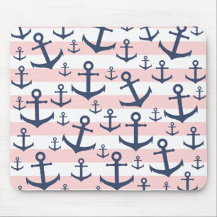 Tapis De Souris Motif rose nautique d'ancre de bleu marine de
