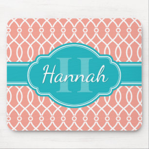 Tapis De Souris Motif Turquoise Monogramme rose blanc élégant