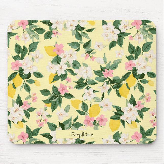 Tapis De Souris Motif vintage citron et fleurs sur jaune (Devant)