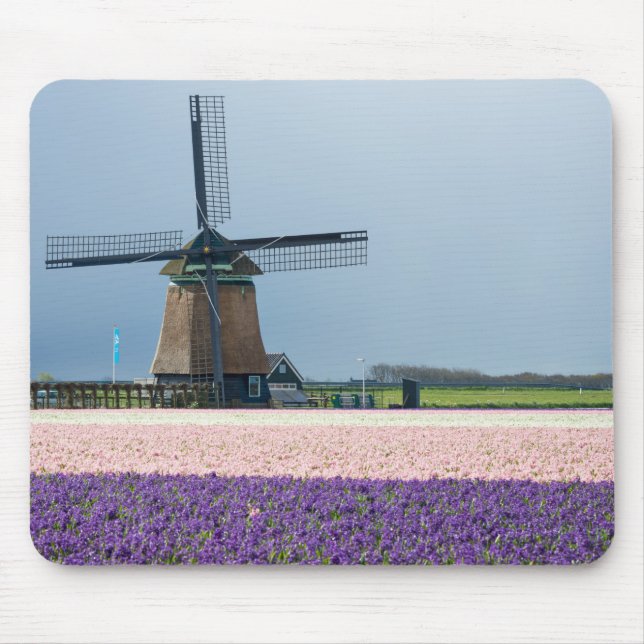 Tapis De Souris Moulin à vent traditionnel avec les fleurs roses (Devant)