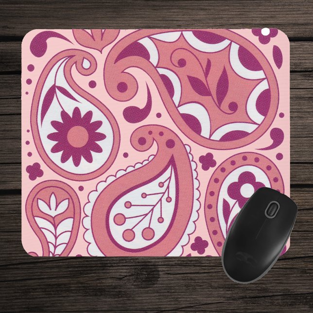 Tapis De Souris Mousepad rose (Pretty ornate paisley pattern with teardrops daisies in shades of pink and white on mousepad.)