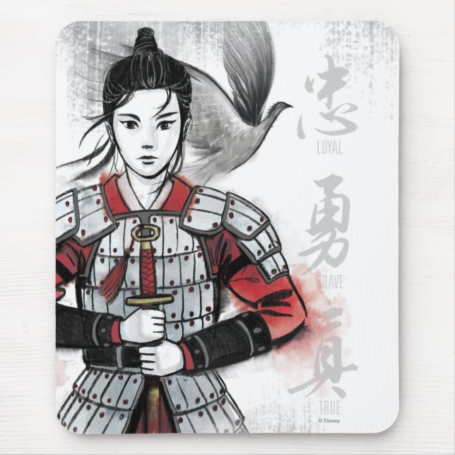 Tapis De Souris Mulan En Armor "Loyal Brave True" Aquarelle (Devant)
