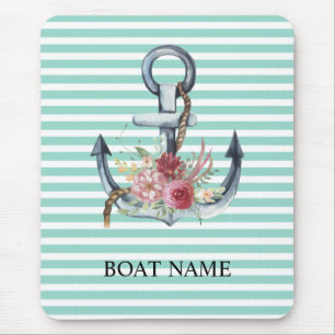 Tapis De Souris Nautique, Fleurs d'Ancres Mint Vert rayures