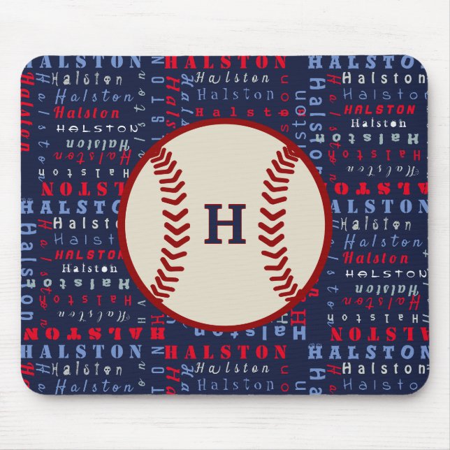 Tapis De Souris Navy Blue, Red Monogram Nom motif Kids baseball (Devant)