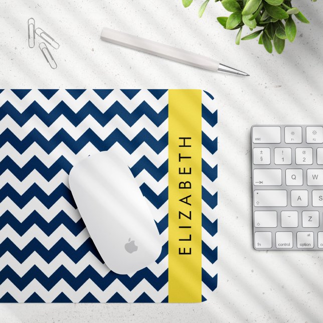 Tapis De Souris Navy Blue Zigzag, Navy Blue Chevron, Votre nom (Créateur téléchargé)