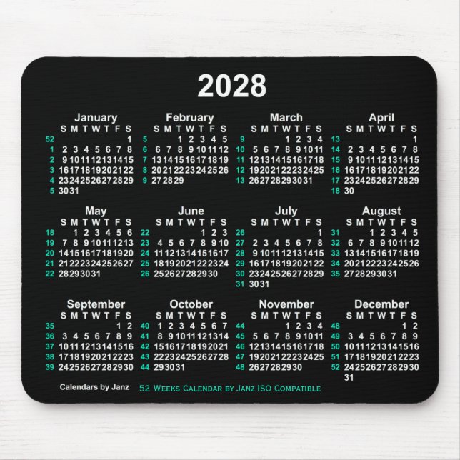 Tapis De Souris Neon White 2028 52 semaines Calendrier ISO par Jan (Devant)