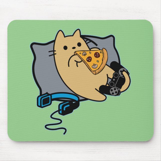 Tapis De Souris Nerdy Gamer Chat Manger Pizza Jeu Pause (Devant)