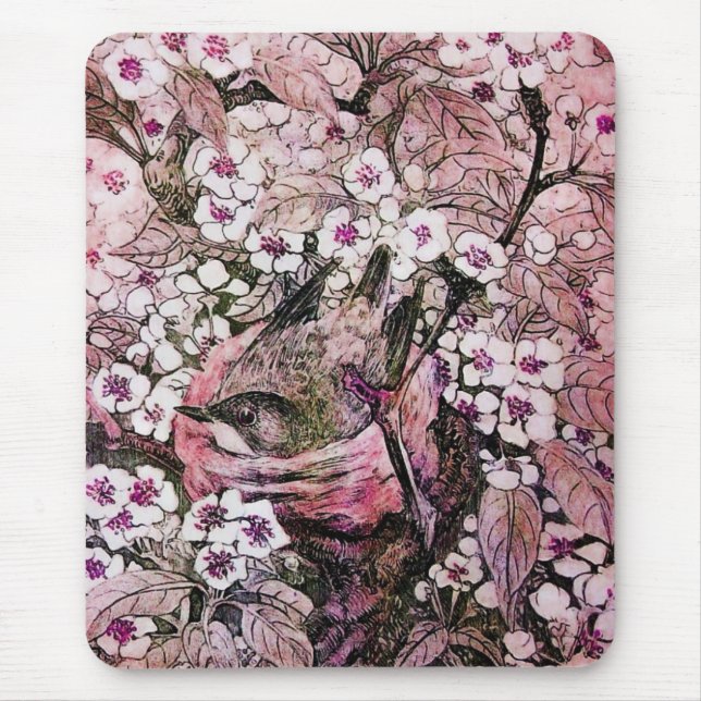 Tapis De Souris NID OISEAU, rose rouge blanc (Devant)
