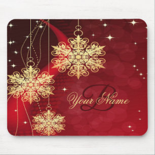 Tapis De Souris Noël Monogramme Nom Red Golden Snowflakes Cadeau