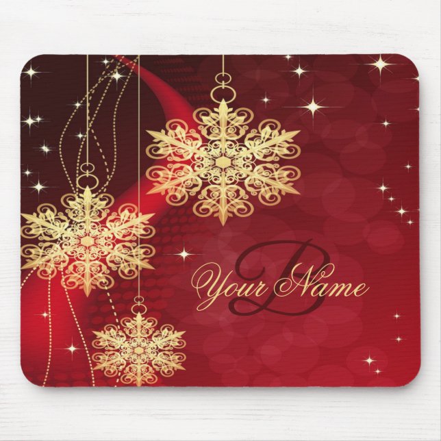 Tapis De Souris Noël Monogramme Nom Red Golden Snowflakes Cadeau (Devant)