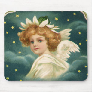 Tapis De Souris Noël vintage, ange victorien avec des étoiles doré