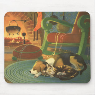 Tapis De Souris Noël Vintage, Animaux endormis près de la cheminée