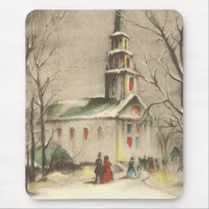 Tapis De Souris Noël vintage, église dans un paysage enneigé d'hiv