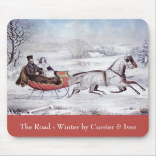 Tapis De Souris Noël Vintage, La Route d'Hiver, Cheval de Traîneau