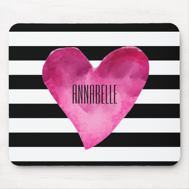 Tapis De Souris Noir + Blancs Aquarelle PINK Nom du coeur (Devant)