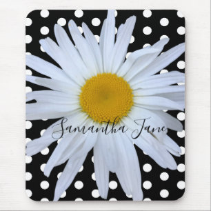 Tapis De Souris Noir Chic Blanc Pois Daisy Personnalisé