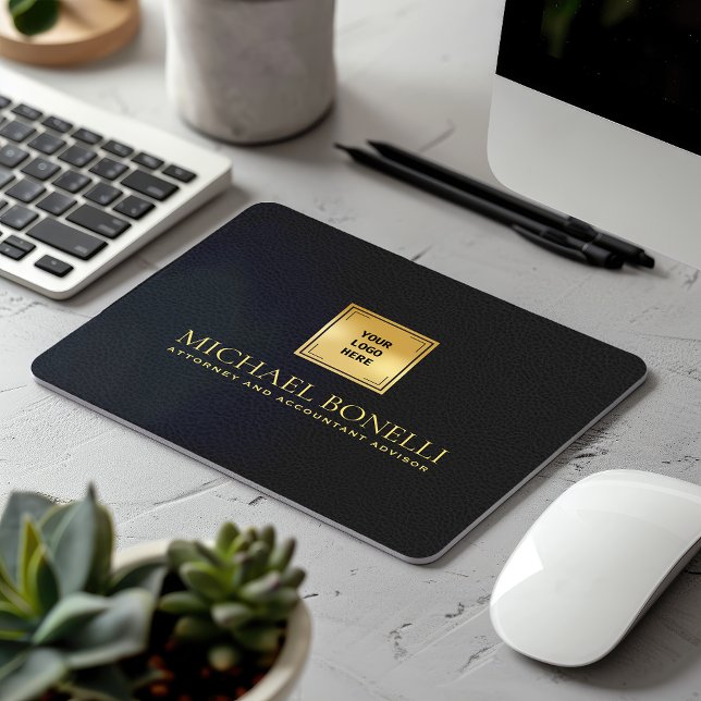 Tapis De Souris Noir Chic Cuir Gris Luxe Or Logo NOM (Créateur téléchargé)